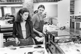 Nancy Graves consulting with Rodney Konopaki as she mixes inks for her intaglio prints, Tyler Graphics Ltd. workshop, Bedford Village, New York, 1977