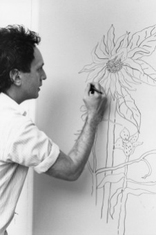Ed Baynard drawing on an aluminum lithography plate for his 'The Sunflower' print, Tyler Graphics Ltd.artist's studio, Bedford Village, New York, 1980. Photo: Lindsay Green